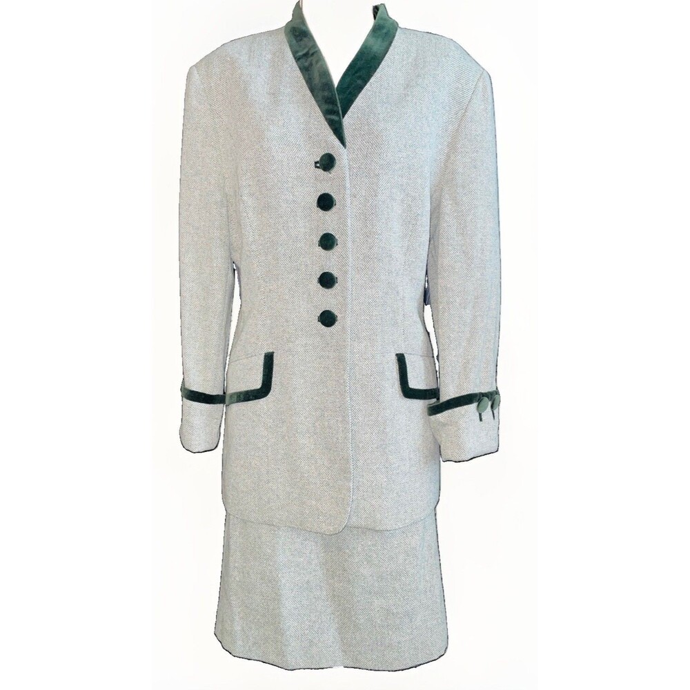 Vintage Louis Feraud Wool Silk Cashmere Skirt Suit US 12 Green Velvet Trim
